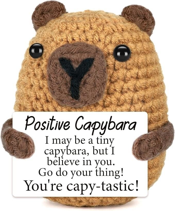 Happy Threads Positive Capybara Plush with Inspirational Message Card, Handmade Crochet Emotional Support Keepsake, Cute Desk & Shelf Décor, Cheer-Up Gift for Friends, Students & Coworkers