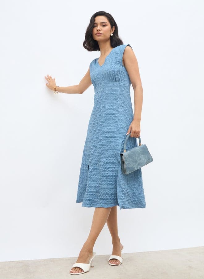 Women Self Design V Neck A-Line Midi Dress With Slit Detail