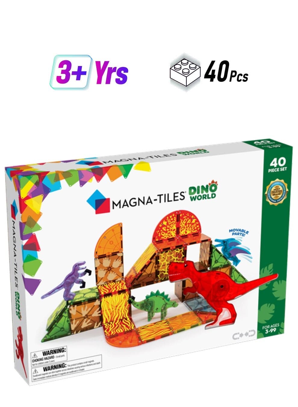 Dino World 40-piece Magnetic Construction Set, Original 3d Magnetic Building Tiles, For Kids Ages 3+