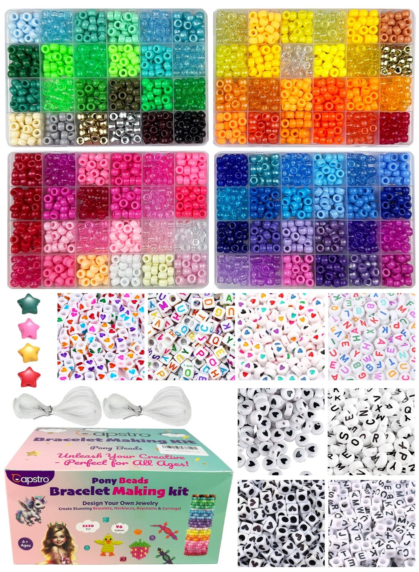 3250PCS Pony Beads Bracelet Making Kit – 96 Colors with Letter & Heart Beads, Elastic Threads – Friendship Bracelets & Jewelry DIY Craft Kit