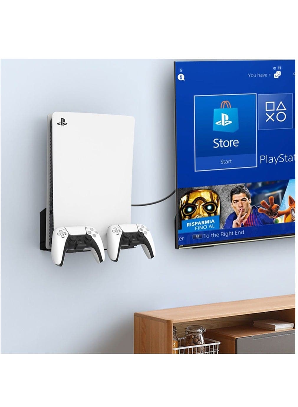 PS5 Wall Mount, PS5 Bracket Kit, with 2 Detachable Controller Holders, Heavy-Duty Aluminum Alloy Mounting, Bracket for Playstation 5 Disc and Digital Edition, Space-Saving Design, Black