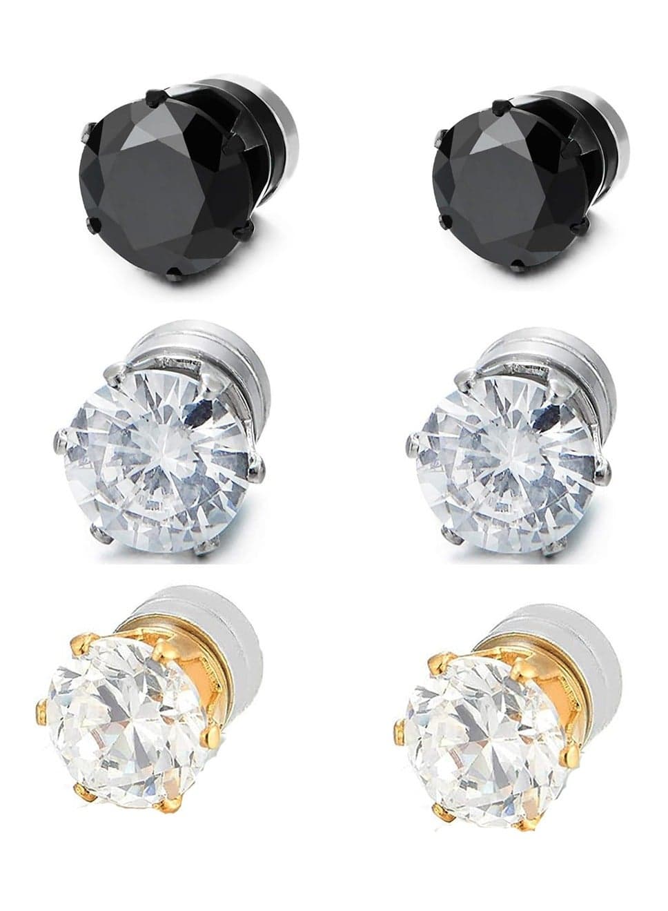 Stainless Steel Magnetic Stud Earrings Unisex Non-piercing Hypoallergenic 6mm 3 Pairs