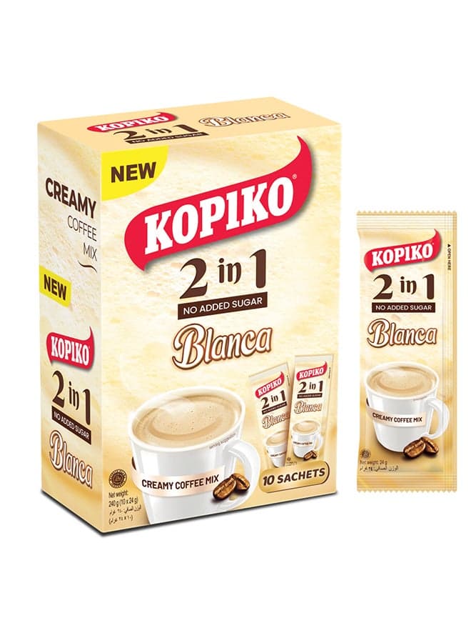 Kopiko 2in1 Blanca Instant Coffee Mix with No added Sugar creamy and smooth Taste, 24g pack of 10