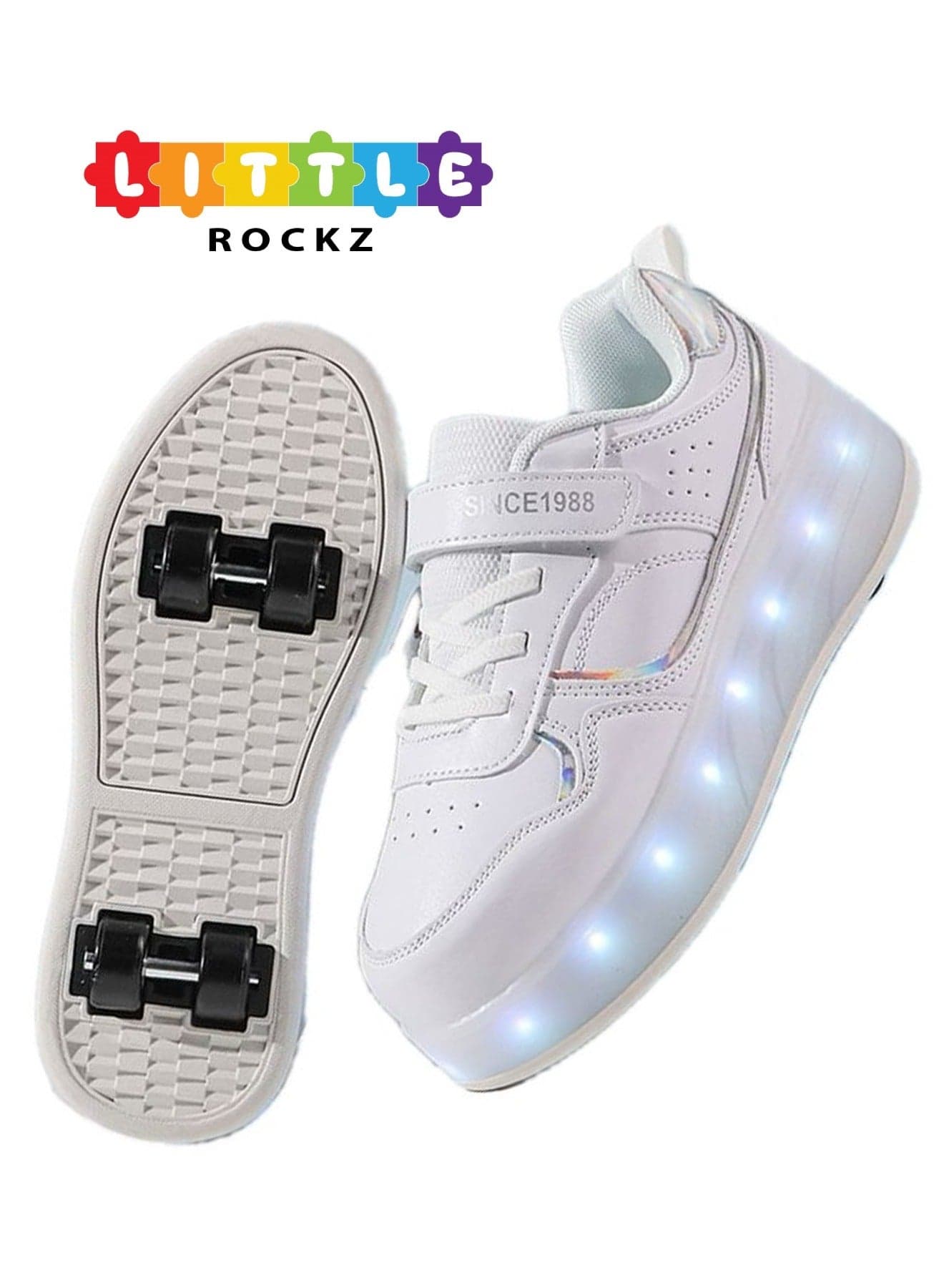 Kids Four Wheel Roller Shoes Rechargeable LED Flash Light Sneaker Skate Heelys Shoes White
