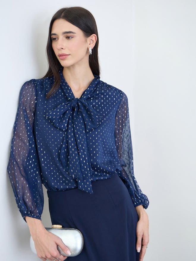 Navy Blue Lurex Dot Tie-Up Neck Blouse
