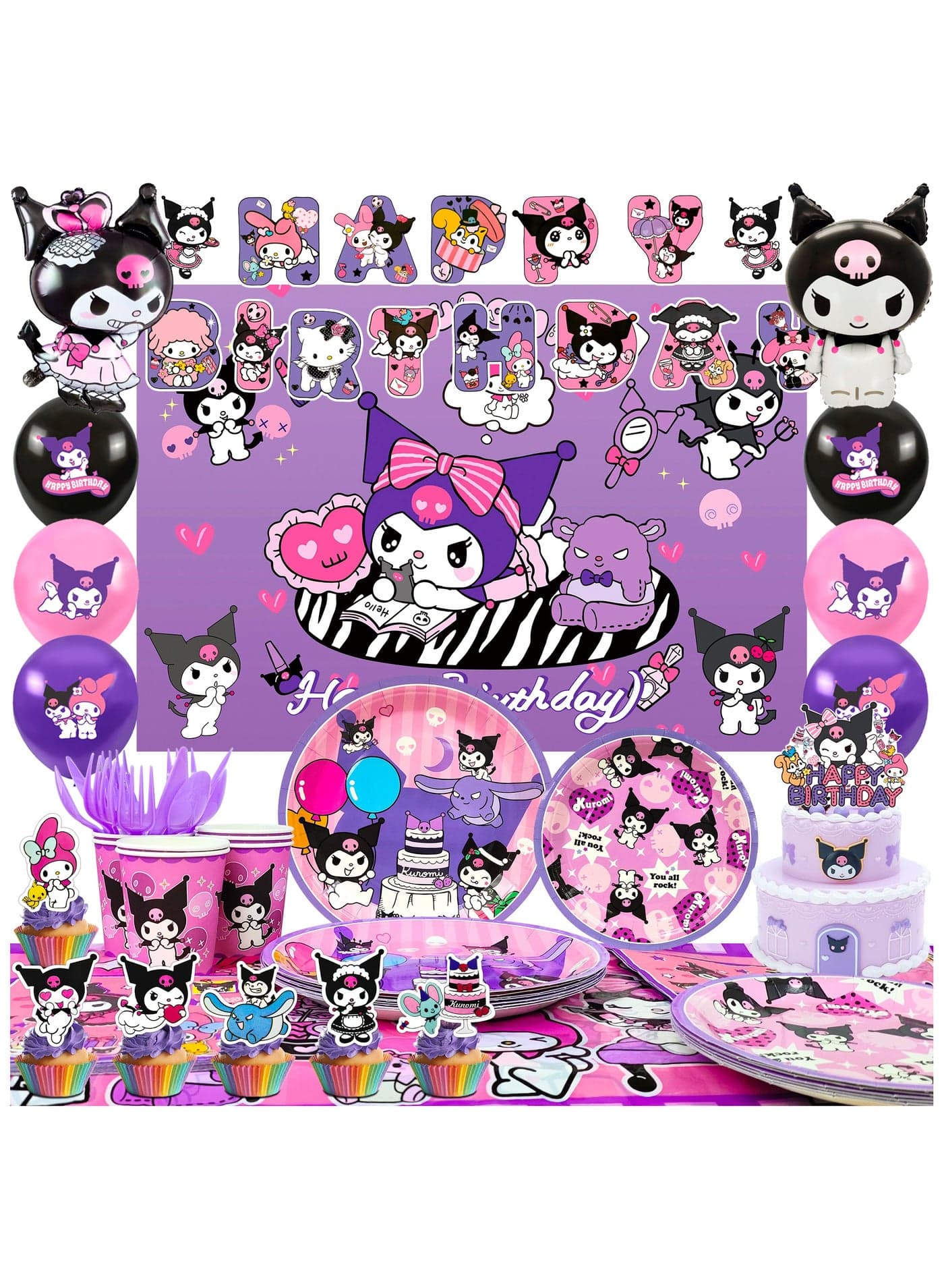 Kuromi Birthday Party Decorations for 10 Guests, 114pccs Kuromi Party Tableware Set Including Backdrop Birthday Banner Tablecloth Balloons Cake Toppers etc for Kuromi Party Supplies
