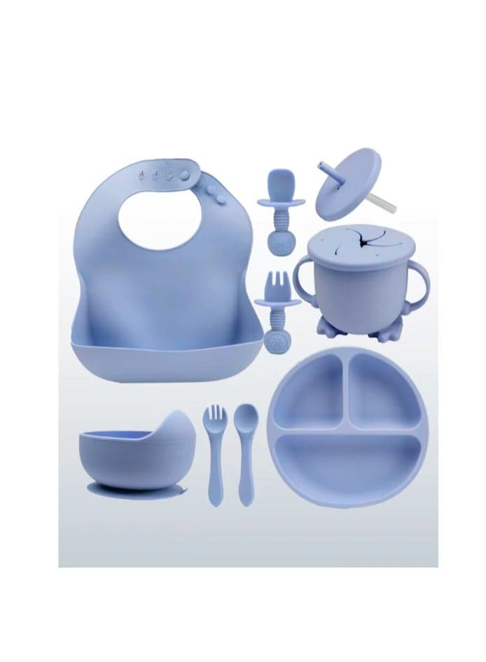 8 pieces Baby silicone feeding set/ Children's Cutlery & tableware set/ Portable, Travel friendly/ Non-toxic Food Grade Silicone/ Baby Feeding Set/ Safe & Reusable Utensils for toddlers and kids (8 Pieces/ Compartment Plate, Bowl, Short Fork & Spoon, Water Cup, Bib, Long Fork & Spoon)/ Blue