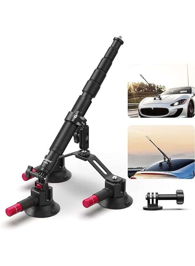 NEEWER Triple Suction Cup Car Mount Kit with 3in1 Extension Pole/Selfie Stick, Quick Release Outside Windshield Magic Arm Camera Mount with Action Camera Adapter Compatible with GoPro Insta360, CA065