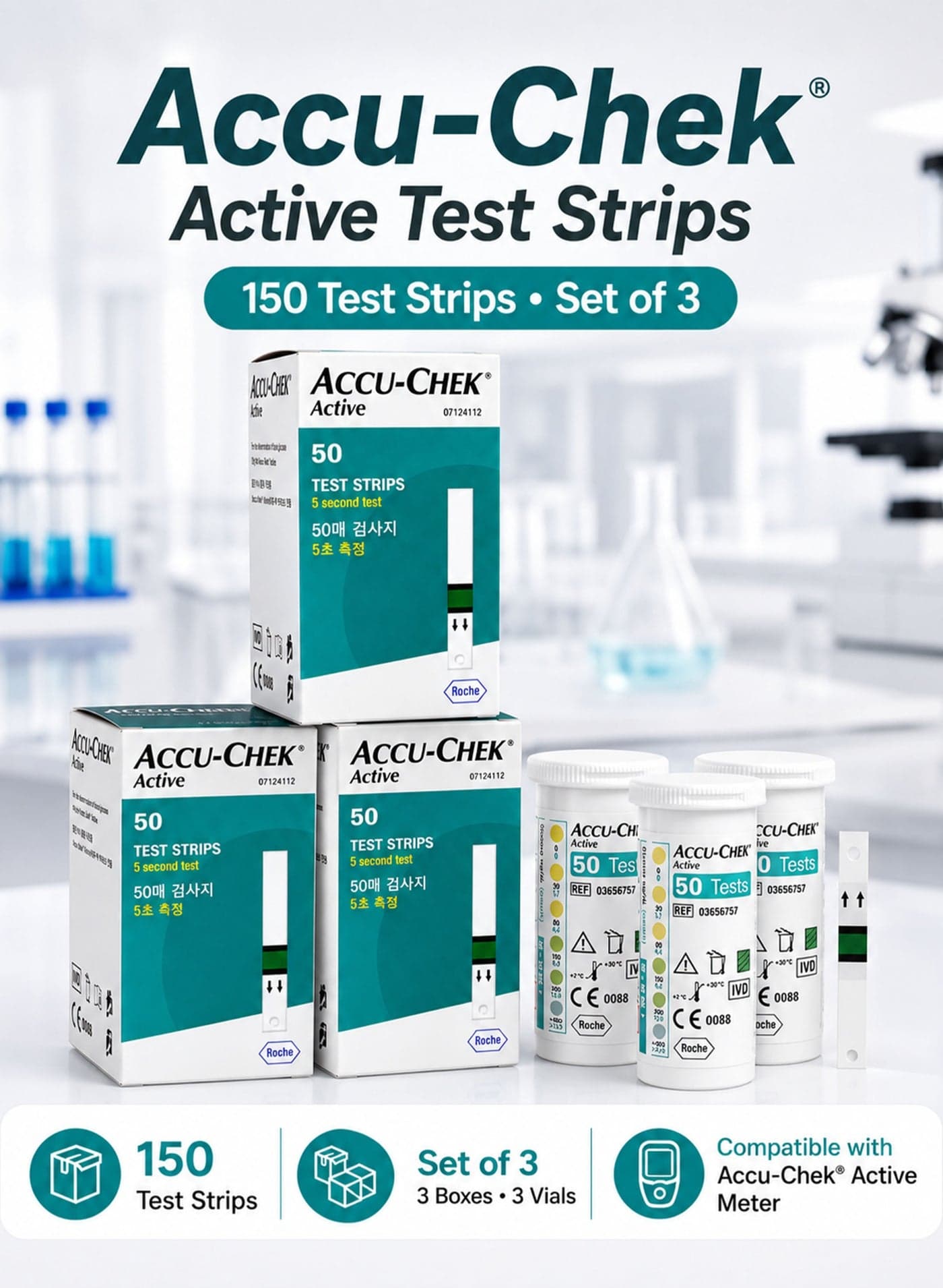 150 Strips Set Of 3 Accu-Chek Active Blood Glucose Test Strips for Accu-Chek Active Blood Glucose Meter, Fast 5 Second Results, Small Blood Sample, Flexible Blood Application, Under-Dosing Detection, Visual Double Check, High Accuracy, Home Blood Sugar Monitoring, Diabetes Self Testing, Sterile Single Use Test Strips, Easy Everyday Glucose Monitoring