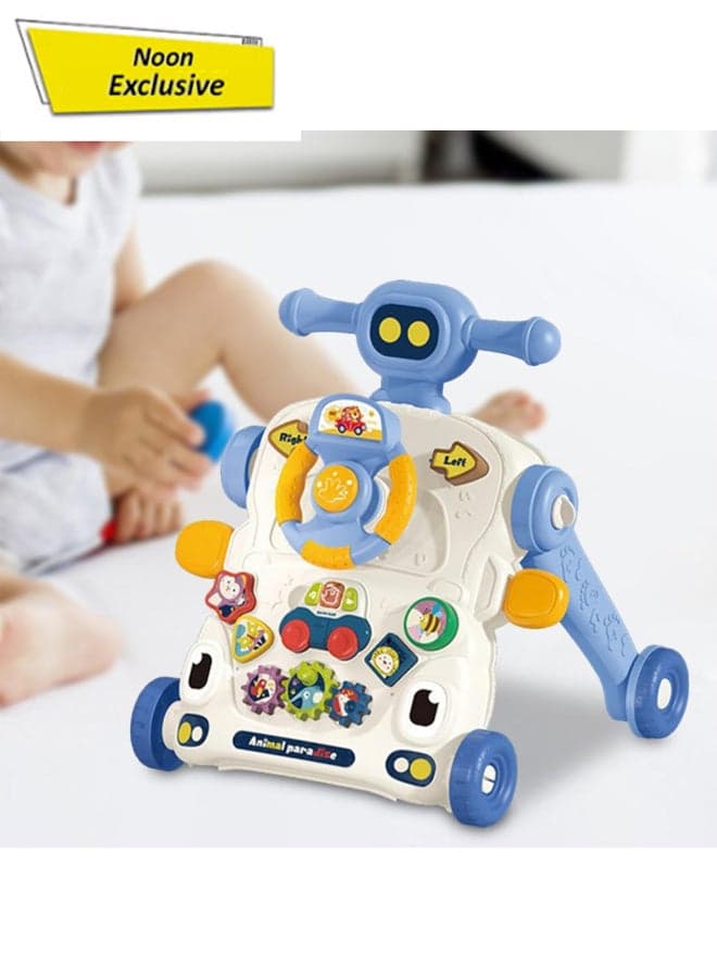 3-In-1 Baby Walker Blue With Activity Panel & Music | Convertible Walker, Game Table & Toy Car Panel | Interactive Gears, Lights & Sound | Adjustable Speed For Toddlers