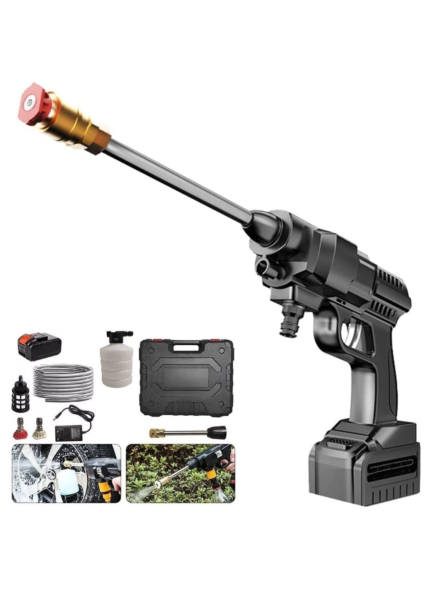 48V Cordless Portable Washer Electric High Pressure Cleaner Machine 200W 30Bar Lithium Handheld Car Cleaning Device With Foam Generator Nozzle Water Pump (Black - Case Pack)