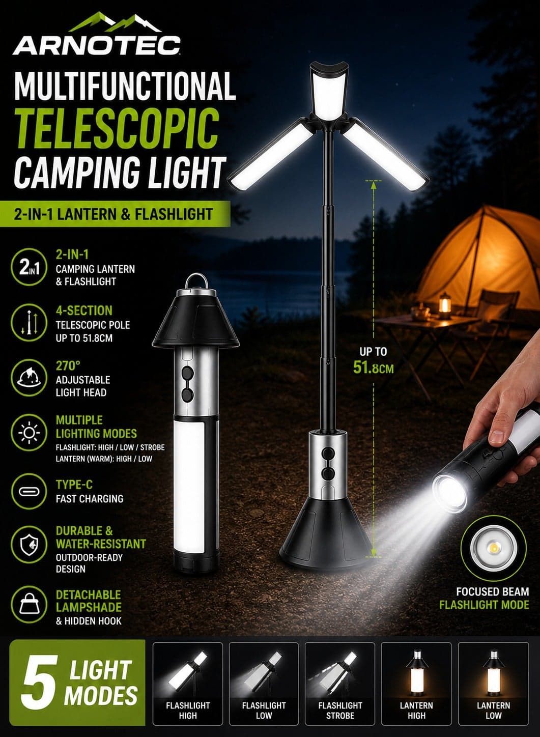 Multifunctional Telescopic Camping Light & Flashlight 2-in-1, 270° Adjustable Warm Light Lantern, 4-Section Extendable Pole 51.8cm, White Laser Core + 54 LEDs, Type-C Rechargeable, 3000mAh, Detachable Lampshade, Outdoor Portable Light