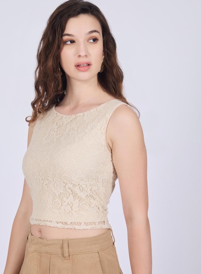 Beige Fitted Lace Top