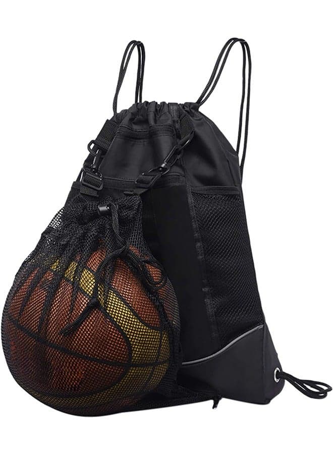 Boys' drawstring basketball backpack, foldable soccer backpack, fitness bag, sports bag, detachable volleyball, baseball, yoga ball mesh bag, black