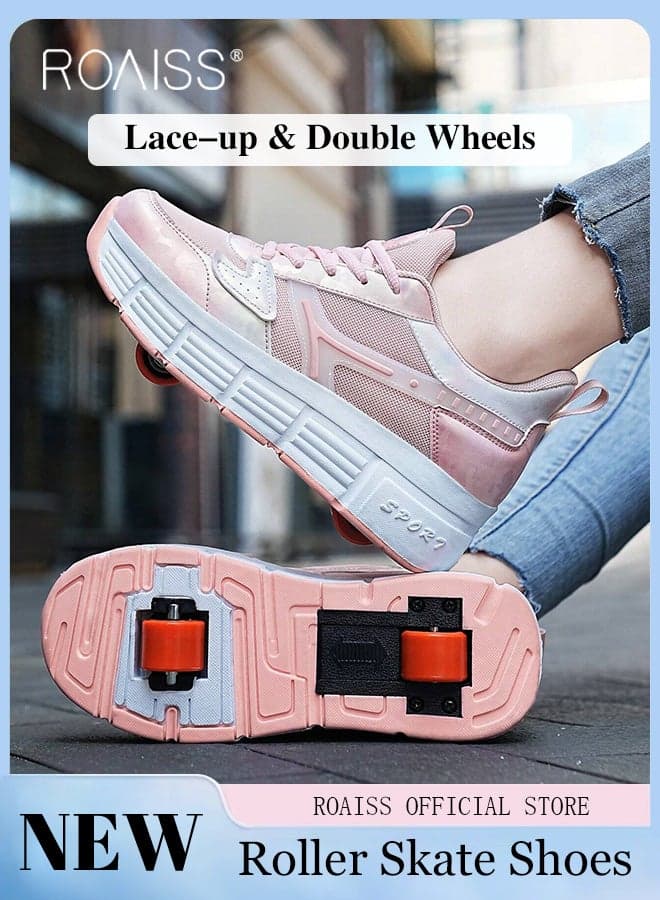 Kids Double Wheel Roller Skates Shoes, Lace-up Low Top Sneakers, Cool Versatile Roller Skates, Stylish Comfortable Shoes with Detachable Roll Wheels, Ideal Gift for Kids Pink
