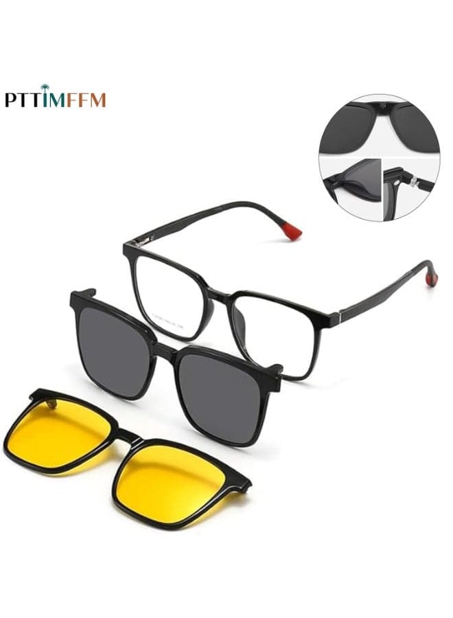 3 in 1 Magnetic Clip On Glasses Set with Polarized Sunglasses and Night Vision Lenses, Flat Light Without Degree for Day and Night Use