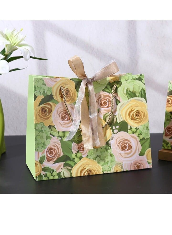 20 Premium Rose Print Gift Bags with Handles & Ribbon - 18x10x16cm Bulk Party Favor Bags for Birthday, Wedding, Baby Shower, Holiday Gift Packaging
