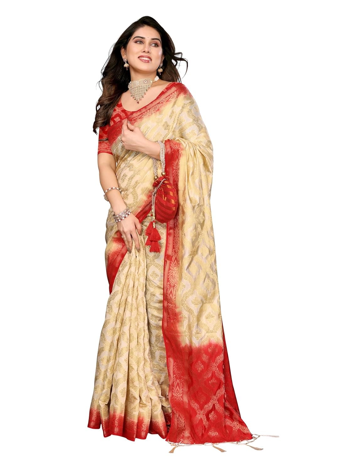 Sidhidata Women's Dyable Banarasi Balatan Silk Saree with Tassels & Unstitched Blouse Piece