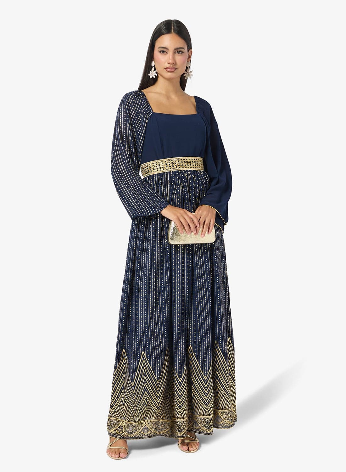 Foil Print Dress With Flare Sleeve