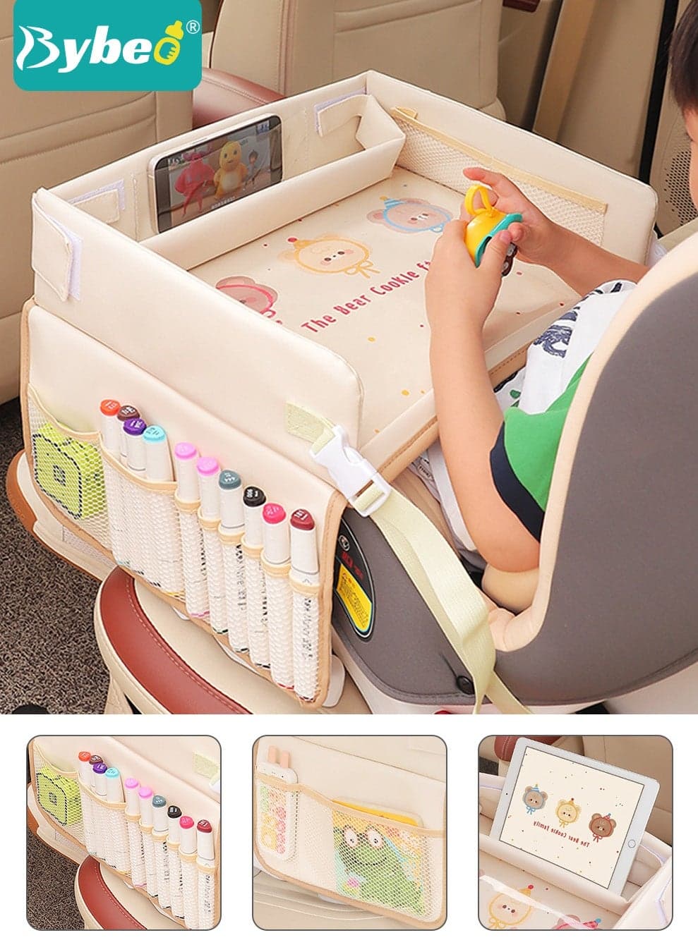 Kids Travel Tray for Car, Car Seat Tray, Road Trip Essentials, Carseat Table with Mesh Pockets, Car Desk Organizer, Car Accessories, Foldable and Waterproof