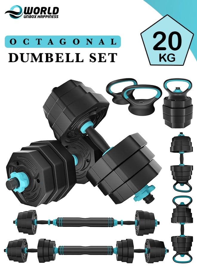 Versatile 6-in-1 Adjustable Dumbbells Set, 20 kg with Connector, Non-Rolling Octagonal Shape, Ideal for Home & Gym Workouts, Transform into Barbell, Kettlebell, Push-Up Set for Total-Body Fitness