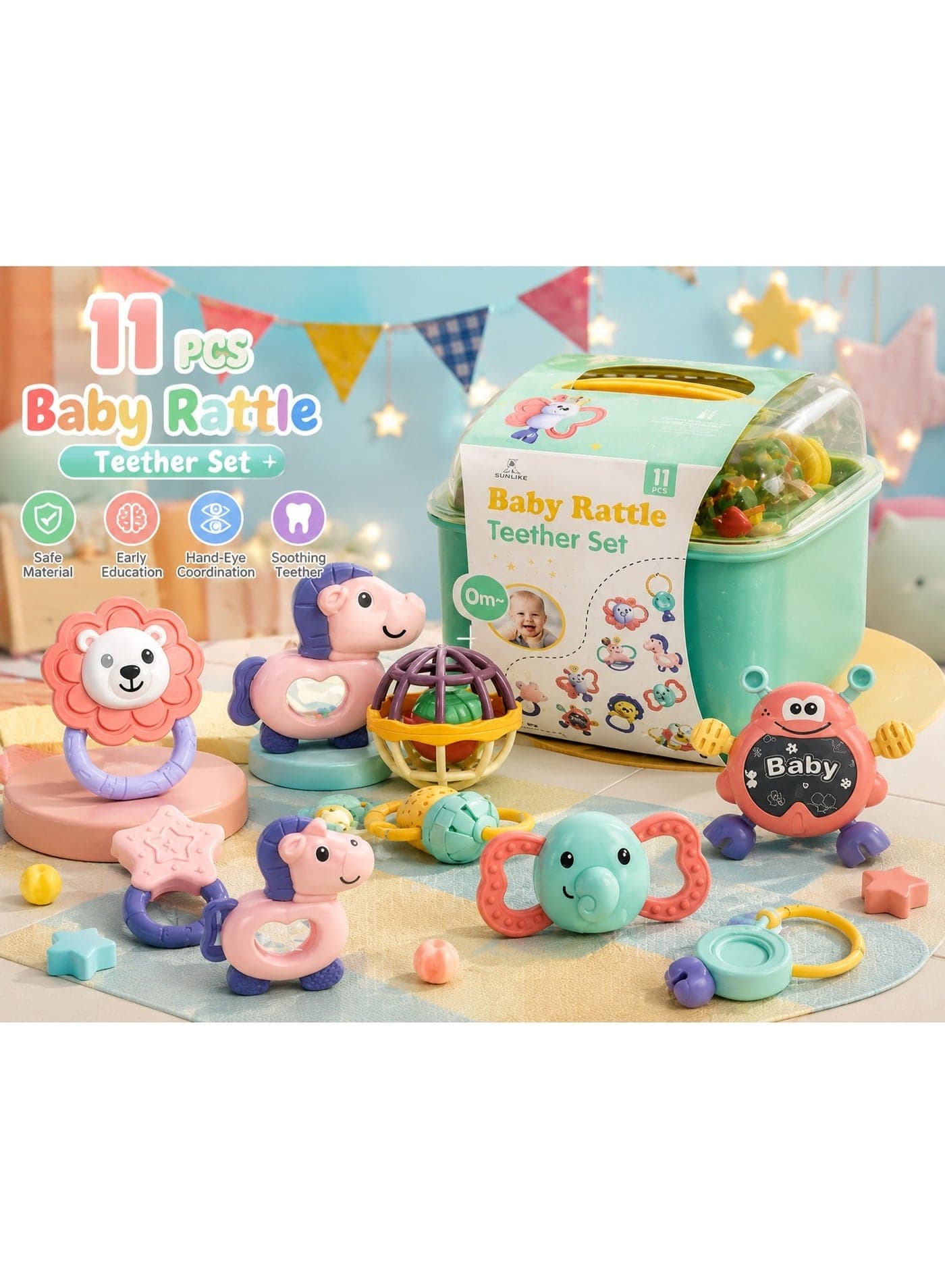 11 pcs Baby Rattle Toy, Infant Teething Toys, Grab and Spin Rattles Toy Set, Food Grade Silicone Material, Baby Toys Gift for Babies 0-12-24 Months Boys Girls, Early Educational Toy Set Baby Shower Gifts