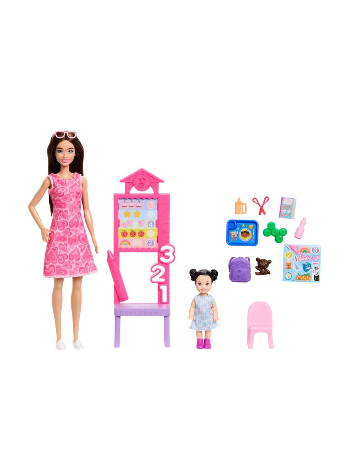 Careers Teacher Playset with Fashion Doll Wearing Removable Dress, Toddler Small Doll, Classroom Board & Accessories