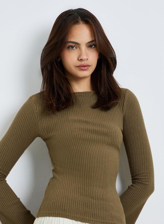 Olive Flared Sleeve Textured Knit Top