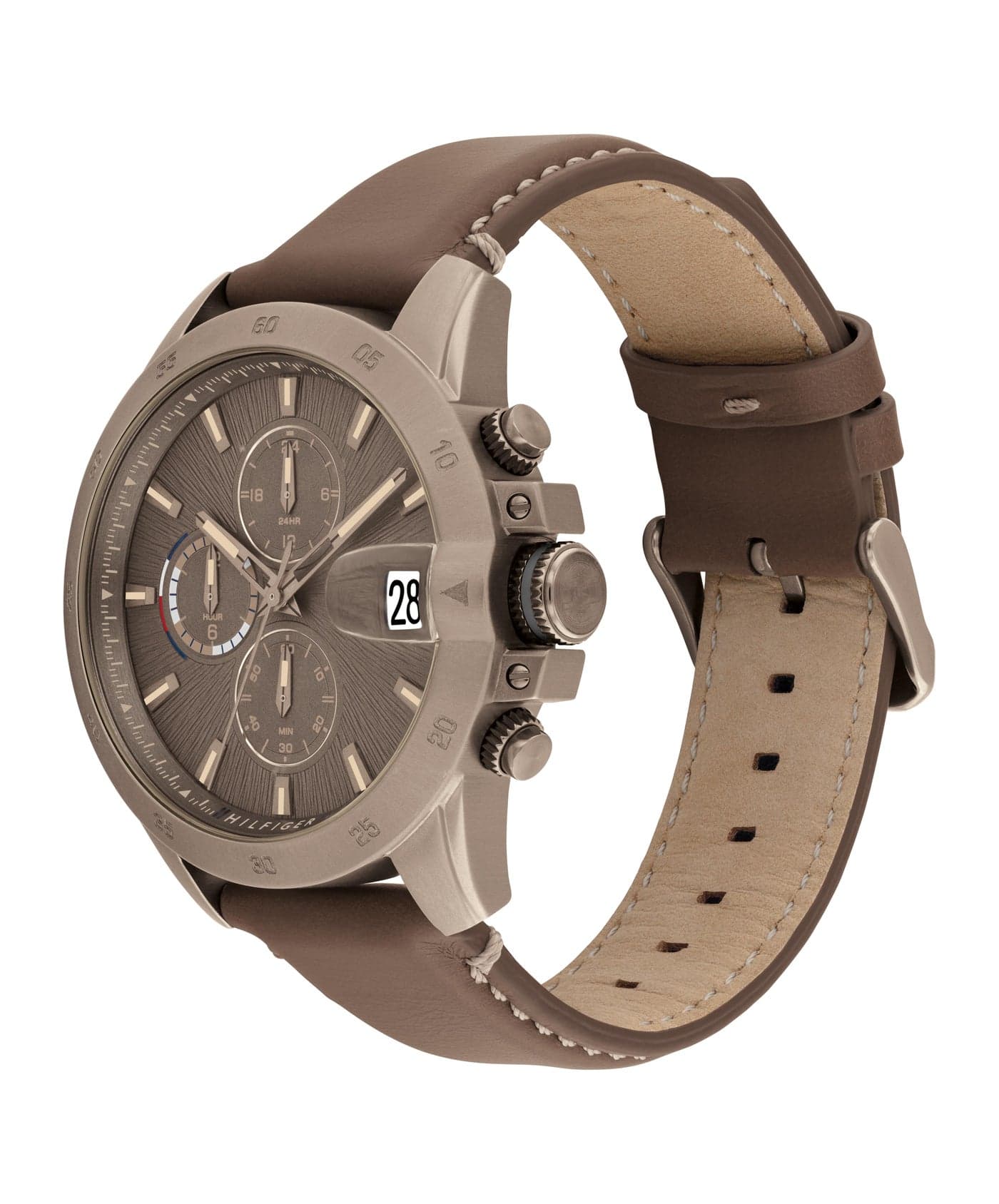 Round Multifunction Men'S Ionic Plated Khaki Steel Case Watch