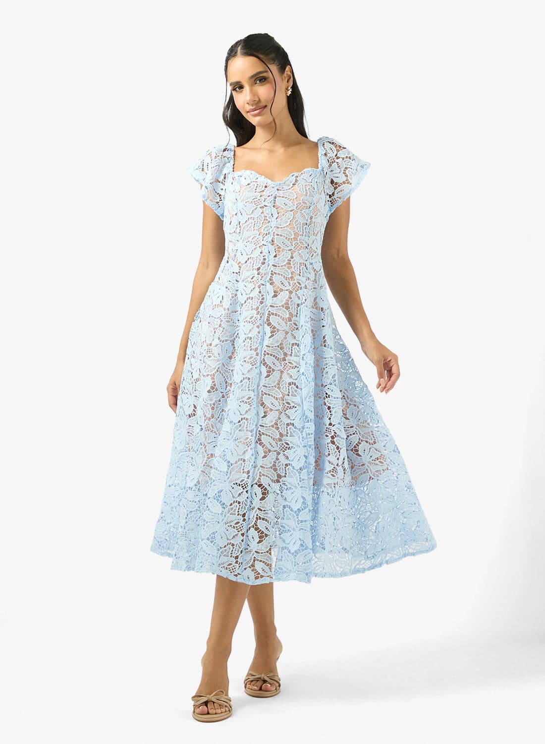 Lace Detail Sweetheart Neckline Midi Dress