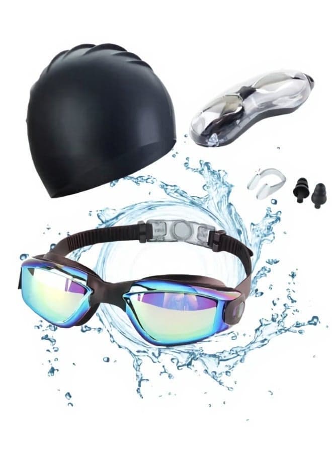 5-in-1 Anti-Fog Swimming Goggles - Goggle Set with Swimming Cap, Earplugs, Nose Clip, Leak-Proof Goggles , Waterproof goggles Resistance UV Suitable for Swimming Lover