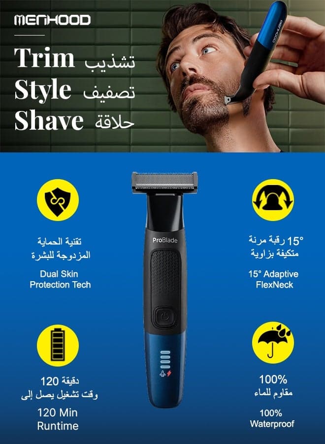 MENHOOD ProBlade 3-in-1 Beard Trimmer Shaver for Men 120 Min USB-C LED Adaptive Flex Neck Waterproof