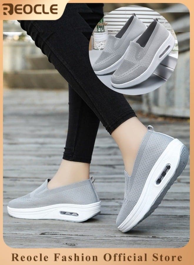 Women's Walking Shoes Slip On Casual Mesh-Comfortable Athletic Breathable Sneakers Thick-Soled Heightened Air Cushion Sports Shoes