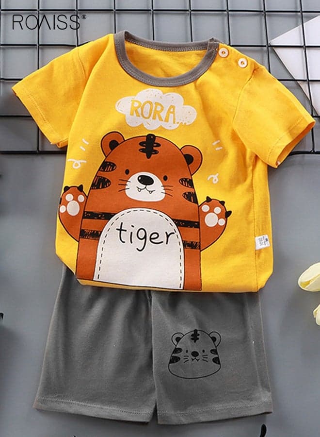 Little Boy T-Shirt and Shorts Set, Stylish 2-Piece Outfit for Toddler Boys, Summer Cotton Outfit with Cartoon Pattern Top and Elastic Waist Shorts, Perfect for Daily Wear or Various Occasions