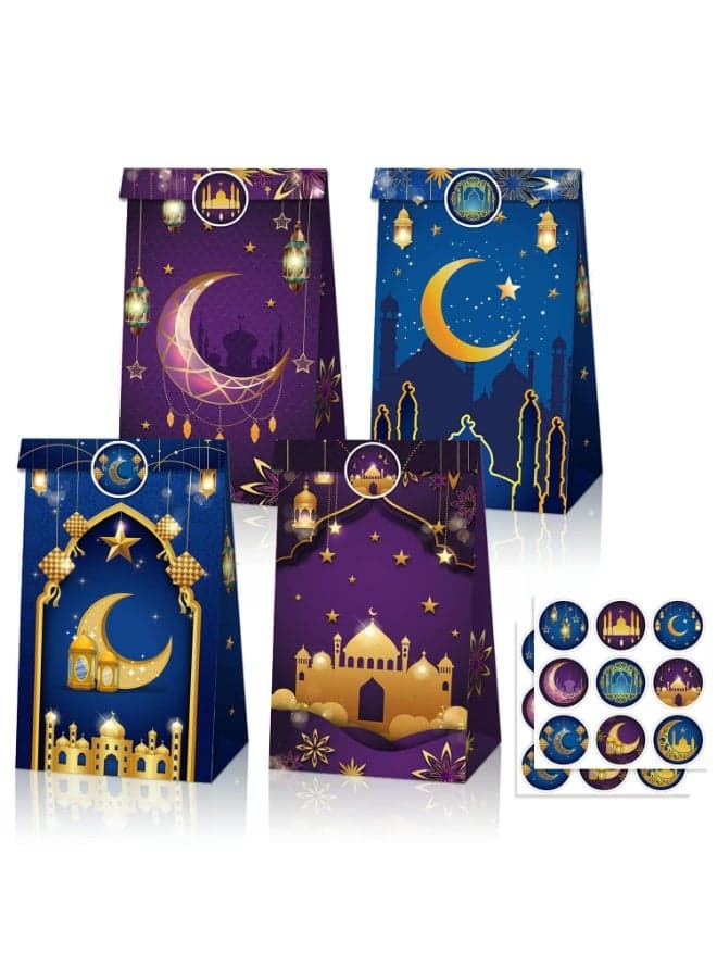 12 Pieces Eid Mubarak Party Favor Bags with 18 Pieces Stickers, Ramadan Treat Gift Paper Bags Eid Sweet Candy Gift Bags Ramadan for Muslim Islamic Party Decoration (Blue, Purple)