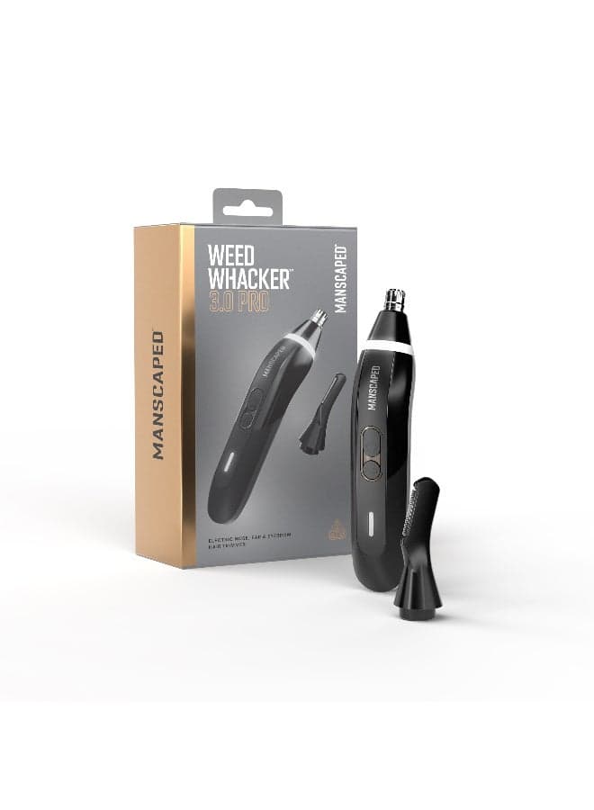 Manscaped Weed Whacker 3.0 Pro electric nose, ear, and eyebrow hair trimmer featuring a dual-head system with SkinSafe® technology, an LED spotlight, and a rechargeable battery