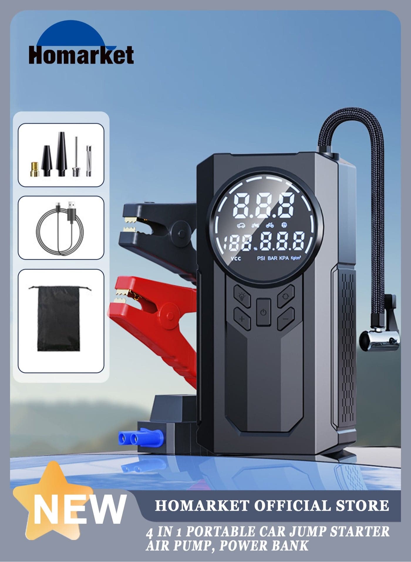 Portable Cordless Car Battery Emergency Starter, Tire Air Pump, Air Compressor To Easily Inflate Tires, LED Display, With Flashlight, Mobile Power Supply, Large Capacity Storage