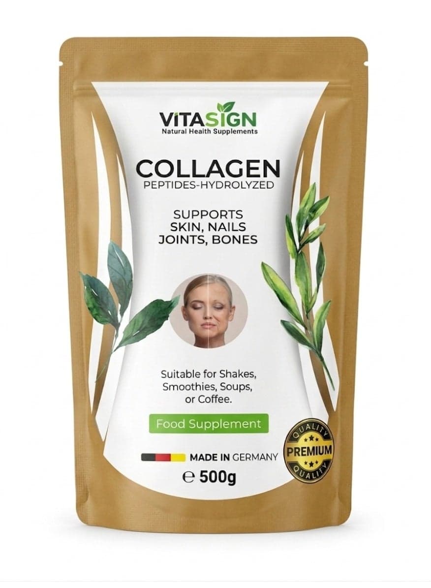 VitaSign Collagen Peptides Powder 500g – Unflavored – Made in Germany – Halal – Hydrolyzed – Type I & III Supports Skin, Hair, Nails, Joints & Bones.