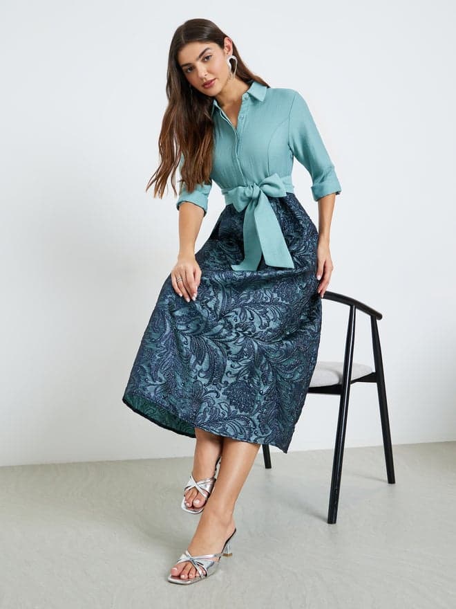 Styli Blue Jacquard Maxi Dress with 3/4 Sleeves