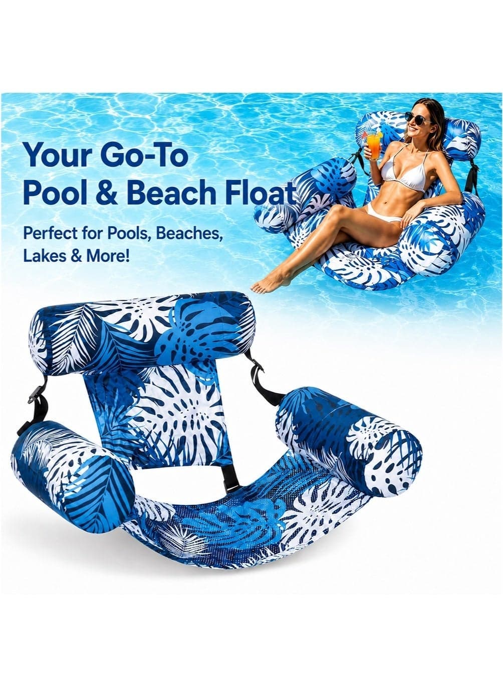 Pool Lounger Floats Chairs Adult, Inflatable Pool Lounge, Plant Pattern Floating Mat Hammock, Blow up Water Chairs, Noodles & Rafts for Party Summer Water Beach Fun - Free Air Pump Included (Random Color)