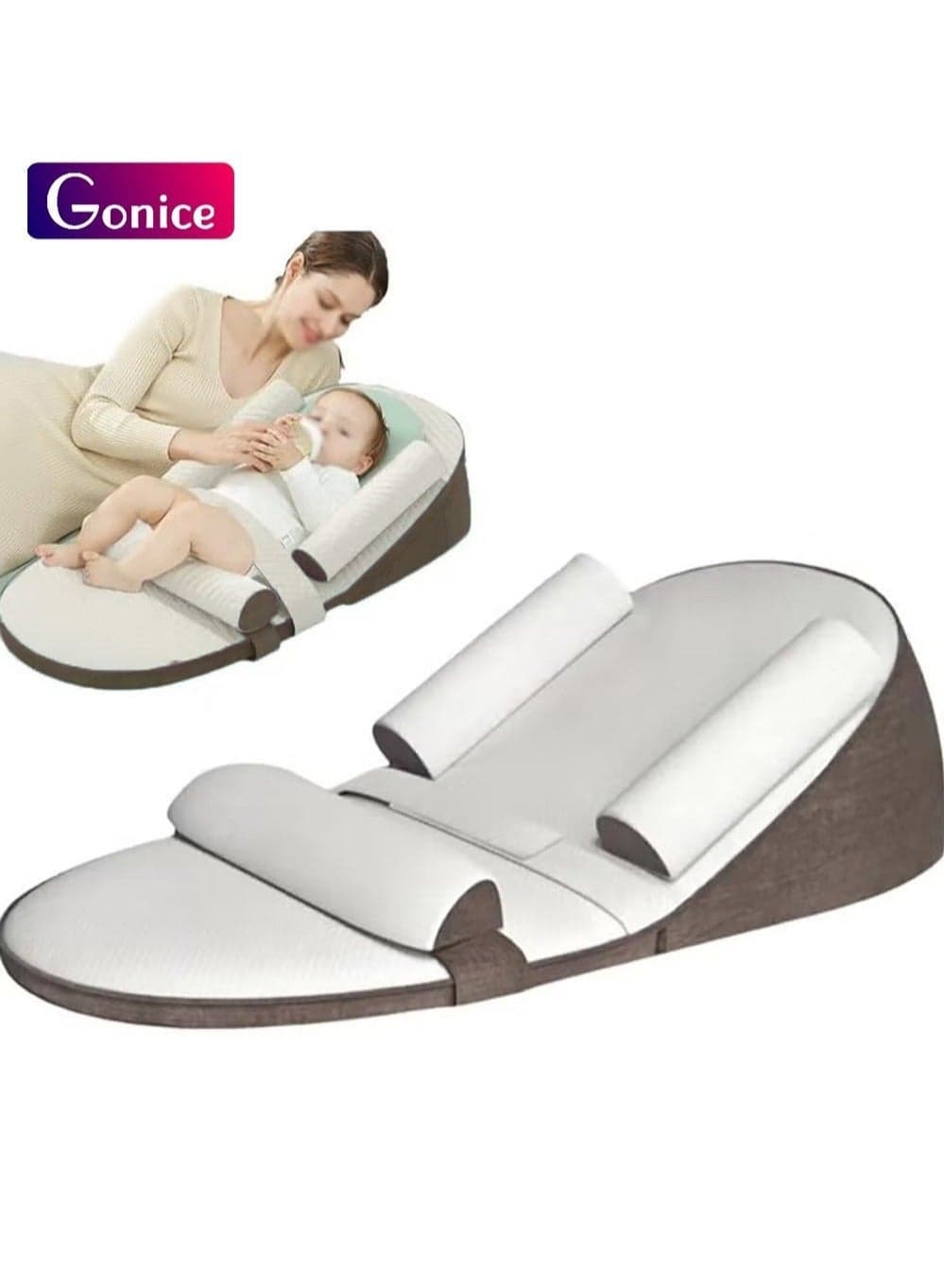 Wedge Pillow Baby Crib Nursery Pillows, Ergonomic Anti Vomiting Pillow, Prevent Spitting Flat Head Reflux, Height Adjustable Breastfeeding Pillow, Side Rails to Prevent Infant From Falling(Brown)