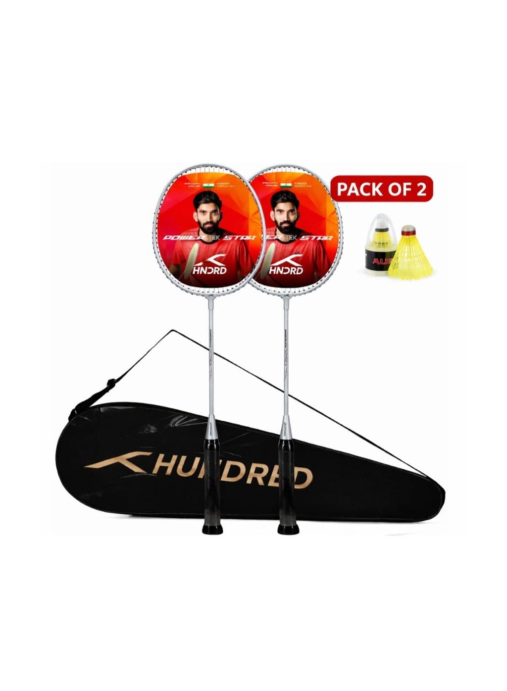 Hundred Powertek Star Badminton Racket Set – 2 Strung Rackets with Full Cover & 2 Nylon Shuttlecocks | Lightweight, Durable, Ideal for Beginners & Match Play