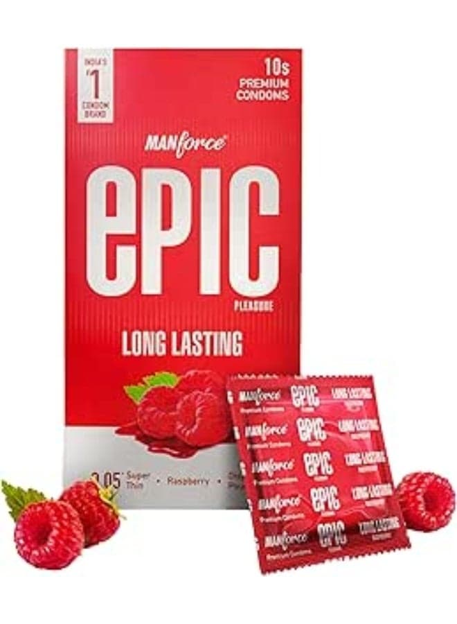 Manforce Epic Pleasure| Long Lasting, Pleasure for Both | Raspberry Flavour, 10 Pcs | With Disposable Pouch| Vegan | No Hard Chemicals| Super Thin| Lubricated Latex Condoms