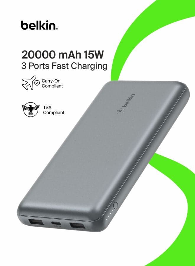 20000 mAh USB C Portable Charger 20000mAh, 20K Power Bank with USB Type C Input Output Port and 2 USB A Ports with Included USB C to A Cable for iPhone, Galaxy, Pixel, iPad, AirPods and More –Space Gray Grey
