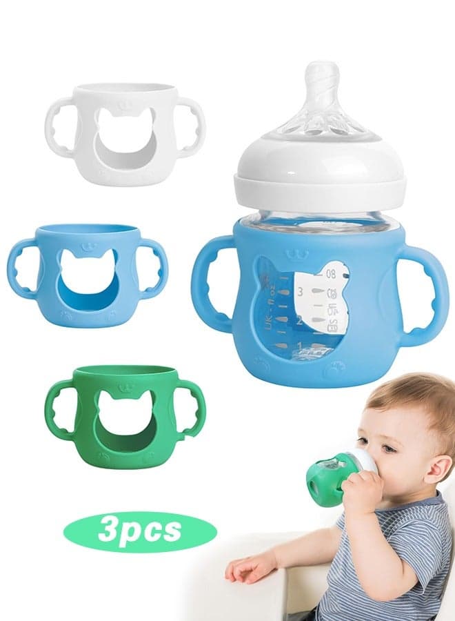 3 Pack Silicone Sleeves for Avent Natural Glass Baby Bottles, Anti Breakage Baby Bottle Sleeves with Handles, Compatible Philips Avent Glass Natural Baby Bottle 4 oz(White+Blue+Green)