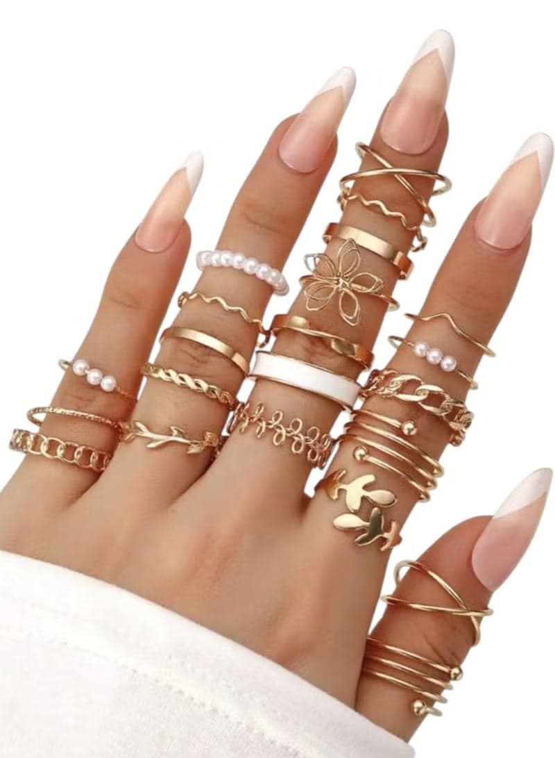 22pcs Fashion Alloy Rings Set for Women, Including Flowers, Leaves, and Artificial Pearls, Suitable for Daily, Dating, Party, Gift