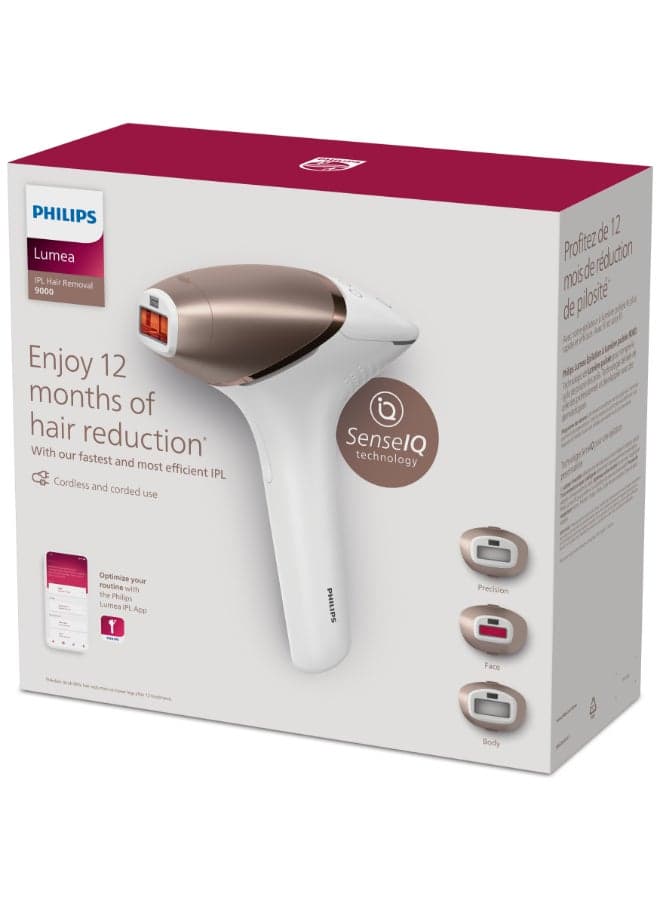 Philips Lumea IPL, Hair Removal, 9000 Series, SenseIQ Technology, 3 Attachments, Body, Face, Precision, Cordless Use, BRI955/60, 60 Days Money Back Guarantee White/Rose Gold