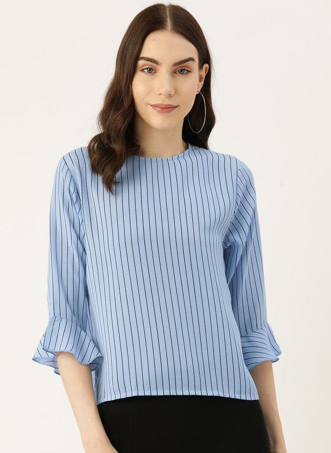 Blue Striped Flared Sleeve Top for Women