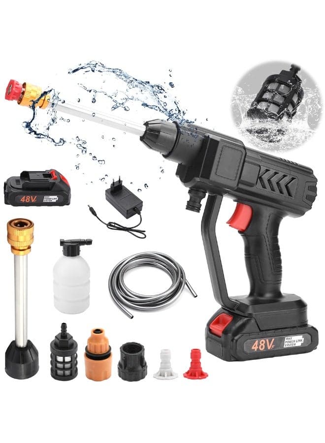48V Cordless Portable Pressure Washer with 2 Batteries – High Power Car Wash Gun for Cars, Bikes, Floors & Gardens, 5m Hose, Black