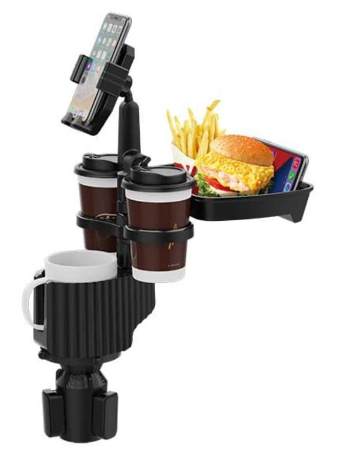 Universal Car Cup Holder Tray Organizer - 5-in-1 Multi-Function Cup Holder Expander with Food Tray & Phone Mount - 50cm Adjustable Height 360° Rotation